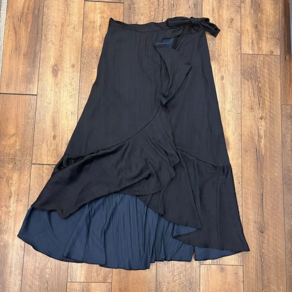 Anthropologie Maeve Ruffled Wrap Maxi Skirt Size XL in Black Blue Side Tie Flowy
